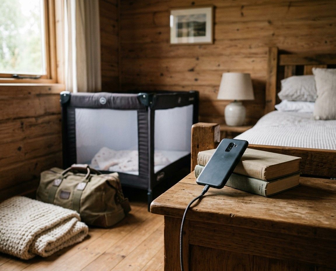 A phone propped on a bedside table in a holiday cottage, near a travel cot